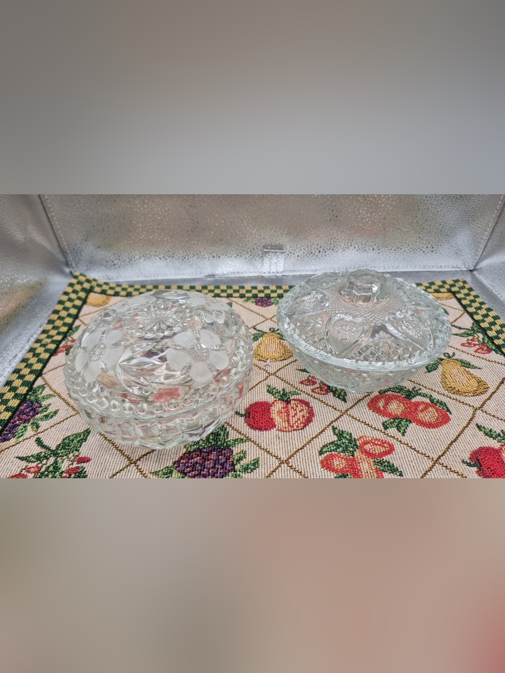 Vintage Pressed & Cut Glass Candy Dish Set with Lids Hearts & Floral Decor